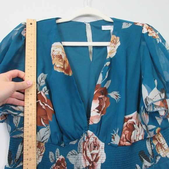 Baltic Born Smocked Midi Dress XL Blue Floral V Neck Boho Summer Party Chic 334 - Picture 7 of 12